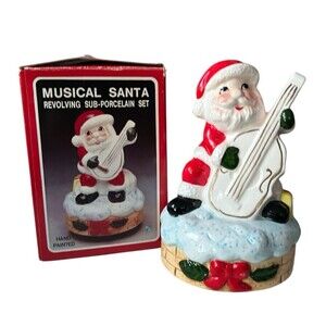 Vintage Christmas Santa Claus Musical Revolving Cello Jingle Bells 7”x5” READ